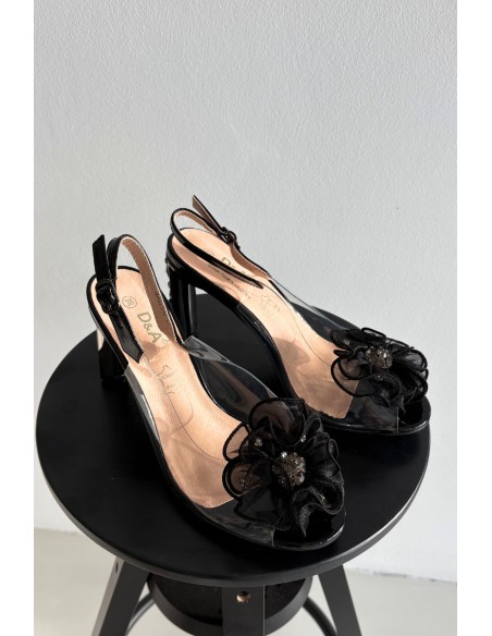 Basutės su blokiniu kulnu, dekoracijomis ir kristalais D&A MR52-236 juodos