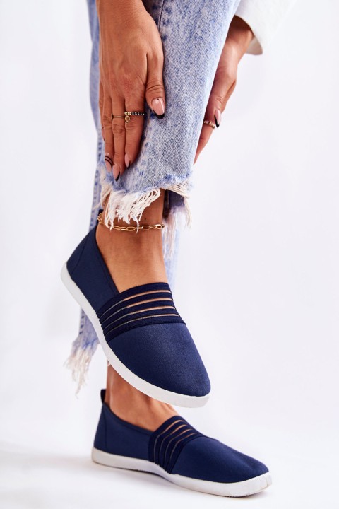 Moteriški medžiaginiai sportbačiai su užsegamu padu tamsiai mėlynos spalvos su Lilis raštu