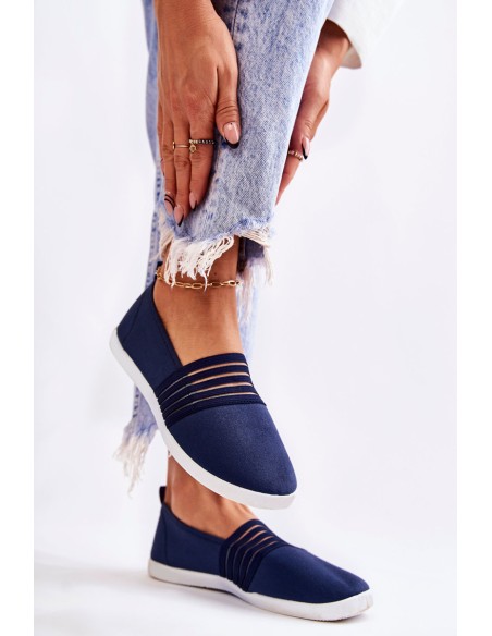 Moteriški medžiaginiai sportbačiai su užsegamu padu tamsiai mėlynos spalvos su Lilis raštu