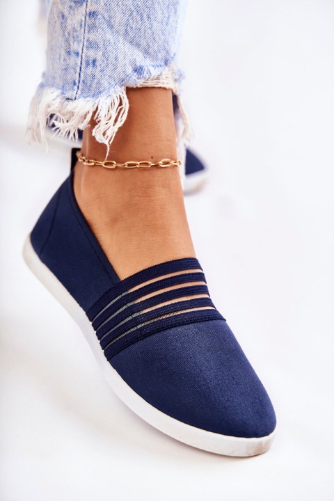 Moteriški medžiaginiai sportbačiai su užsegamu padu tamsiai mėlynos spalvos su Lilis raštu