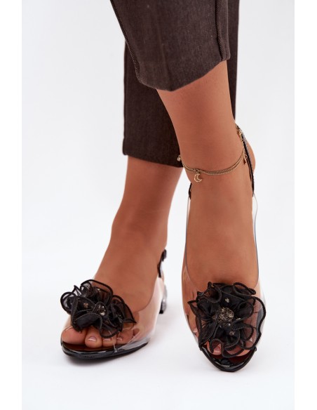 Transparent Low Heel Sandals with Crystals and Decoration D&A MR52-230 Black
