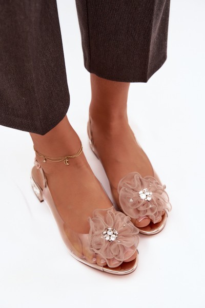 Transparent low heel sandals with crystals and decoration D&A MR52-230 pink gold