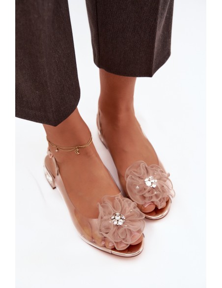 Transparent low heel sandals with crystals and decoration D&A MR52-230 pink gold
