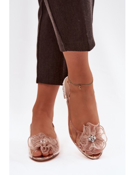 Transparent low heel sandals with crystals and decoration D&A MR52-230 pink gold