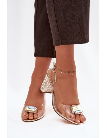Transparent block heel sandals with crystals D&A MR52-239 gold