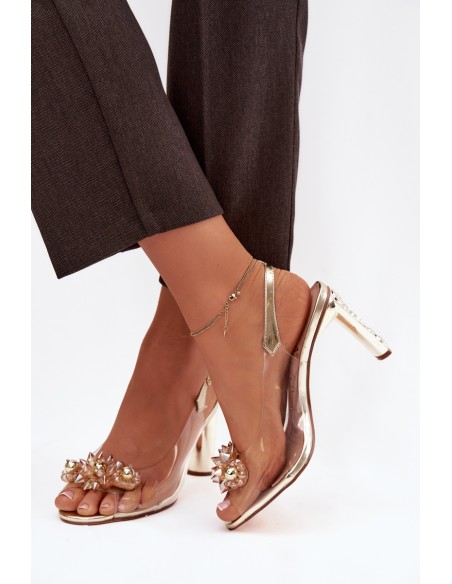 Transparent Block Heel Sandals With Embellishments D&A MR52-232 Gold