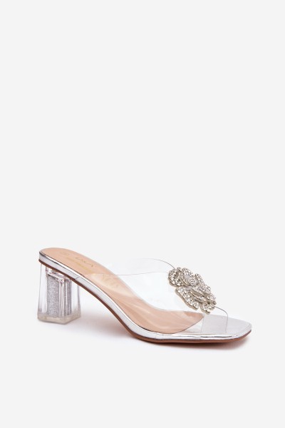 Transparent Block Heels Sandals with Decoration D&A MR1037-20 Silver 2