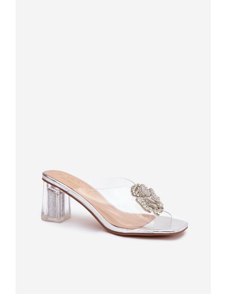 Transparent Block Heels Sandals with Decoration D&A MR1037-20 Silver