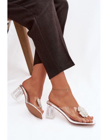 Transparent Block Heels Sandals with Decoration D&A MR1037-20 Silver