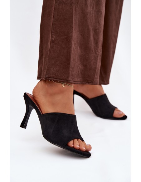 Moteriškos šlepetės su kulnu ir ekologiška zomša, juodos, Isolia