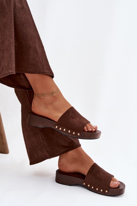 Women's Slippers with Gold Buckles Chocolate Ferinna