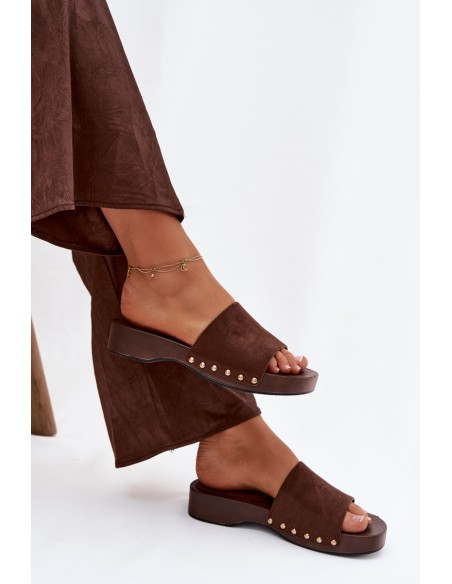 Women's Slippers with Gold Buckles Chocolate Ferinna