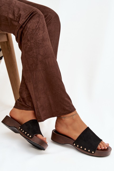 Women's Slippers with Gold Studs Black Ferinna