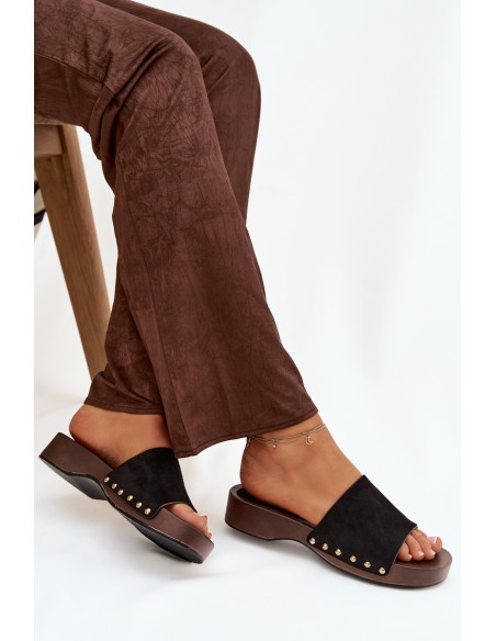 Women's Slippers with Gold Studs Black Ferinna