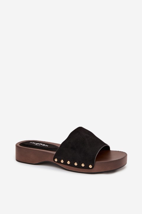 Women's Slippers with Gold Studs Black Ferinna