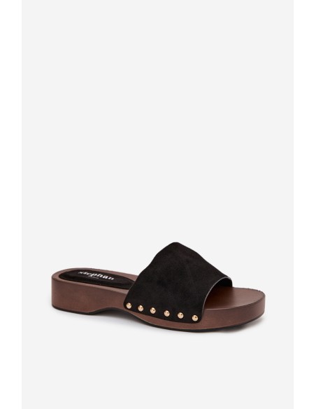 Women's Slippers with Gold Studs Black Ferinna