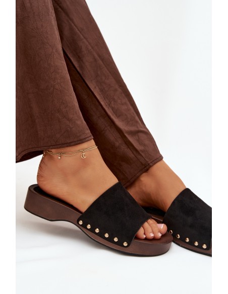 Women's Slippers with Gold Studs Black Ferinna