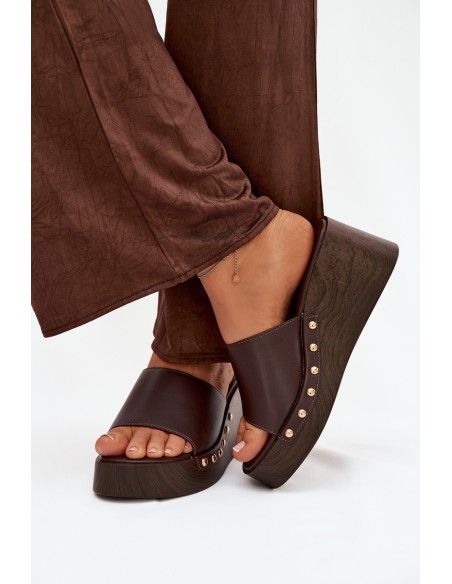Women's Platform Slides with Gold Studs Chocolate Arionne
