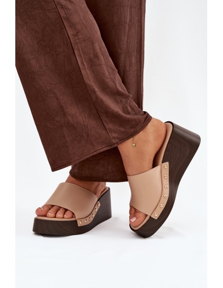 Women's Platform Sandals with Gold Studs Beige Arionne