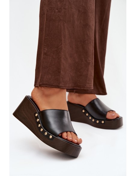 Women's Platform Flip Flops with Gold Studs Black Arionne