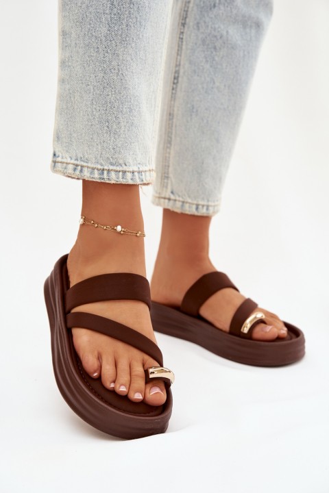 Fabric Women's Slides With Straps And Gold Detail Chocolate Farielle