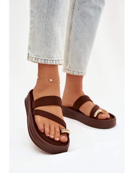 Fabric Women's Slides With Straps And Gold Detail Chocolate Farielle