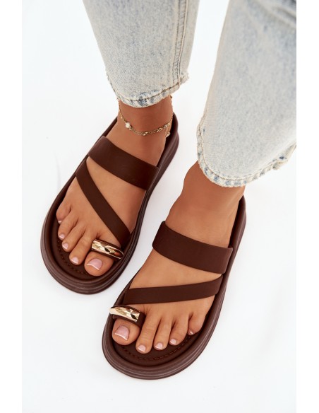 Fabric Women's Slides With Straps And Gold Detail Chocolate Farielle