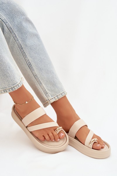 Fabric Ladies' Slides with Straps and Gold Detail Light Beige Farielle