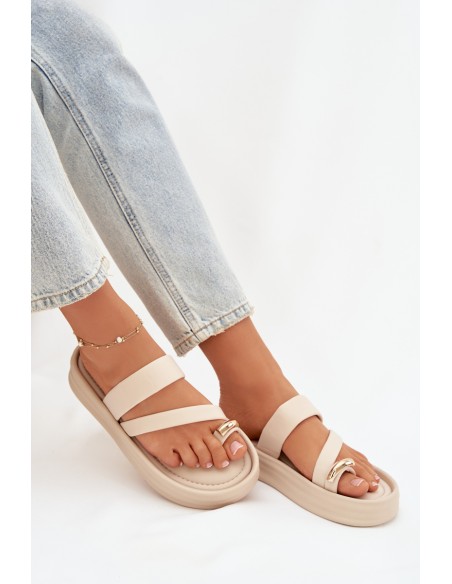 Fabric Ladies' Slides with Straps and Gold Detail Light Beige Farielle