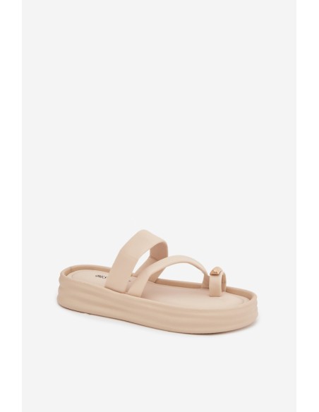 Fabric Ladies' Slides with Straps and Gold Detail Light Beige Farielle