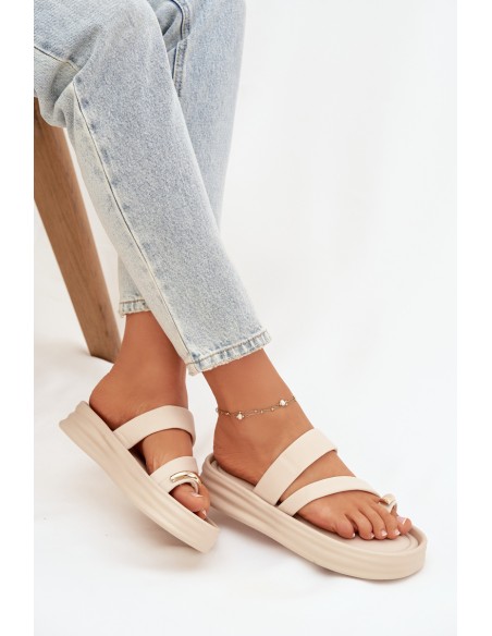 Fabric Ladies' Slides with Straps and Gold Detail Light Beige Farielle