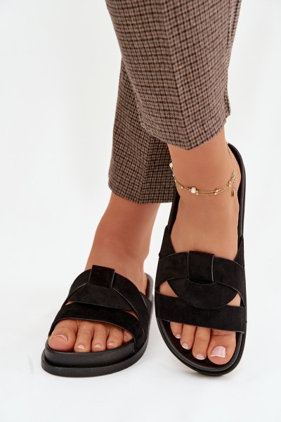 Klapki Damskie Eko Zamszowe Z Paskami Czarne Marivessa