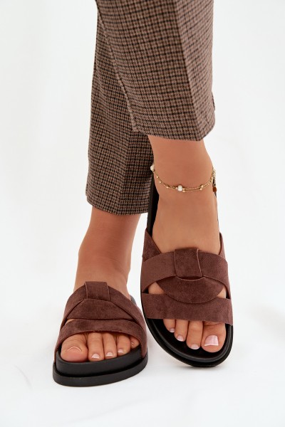 Women's Eco Suede Slippers with Straps Dark Brown Marivessa