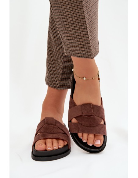 Women's Eco Suede Slippers with Straps Dark Brown Marivessa