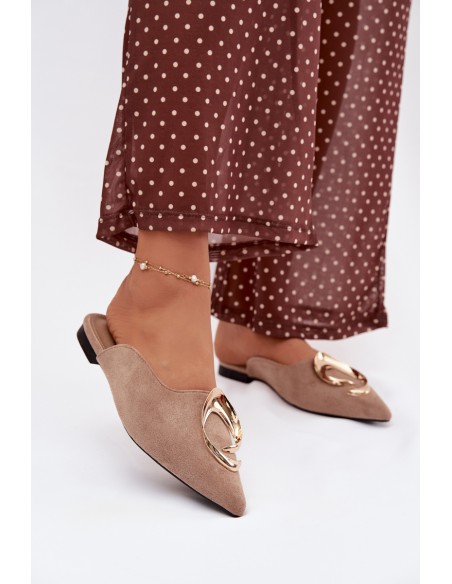 Klapki Damskie Mule Z Ozdobnym Złotym Detalem Ciemnobeżowe Galvella