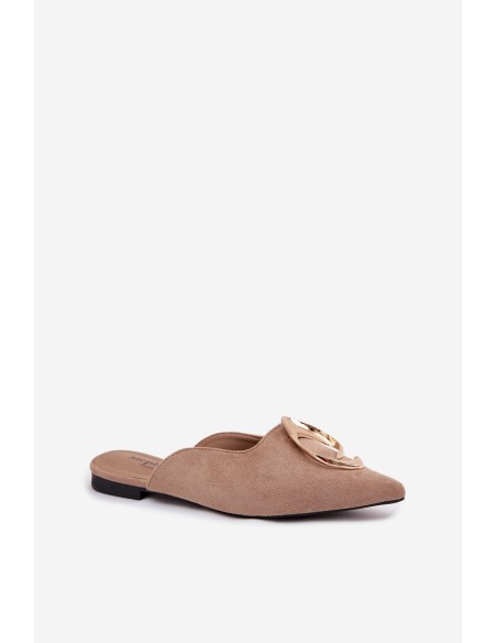 Klapki Damskie Mule Z Ozdobnym Złotym Detalem Ciemnobeżowe Galvella
