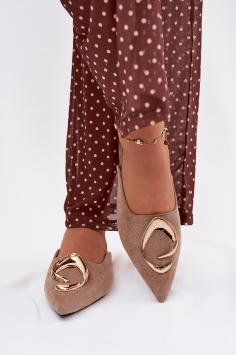 Klapki Damskie Mule Z Ozdobnym Złotym Detalem Ciemnobeżowe Galvella