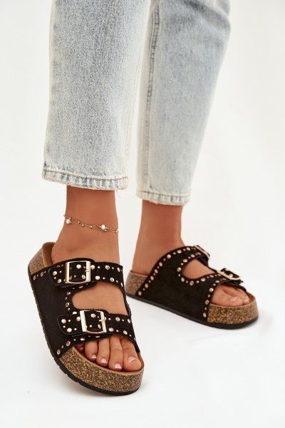 Women s Slippers With Gold Clips and Studs Black Tervina