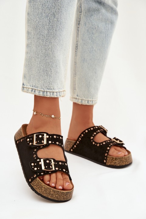 Moteriškos šlepetės su auksiniais segtukais ir kniedėmis, juodos spalvos, „Tervina“