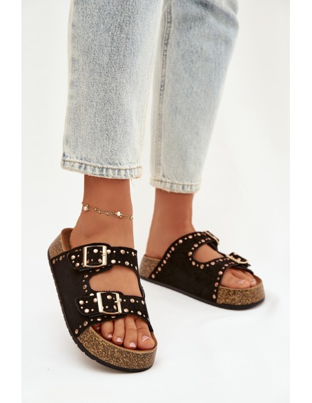 Moteriškos šlepetės su auksiniais segtukais ir kniedėmis, juodos spalvos, „Tervina“