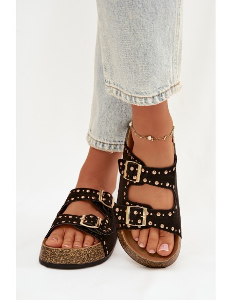 Women s Slippers With Gold Clips and Studs Black Tervina