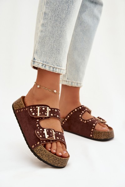 Women's Slippers with Golden Clips and Buttons Brown Tervina