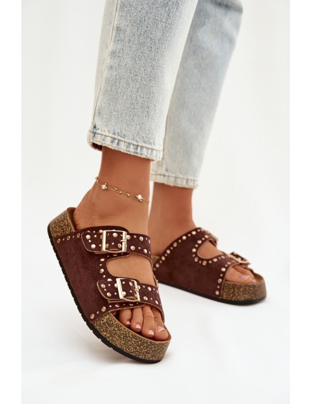 Women's Slippers with Golden Clips and Buttons Brown Tervina