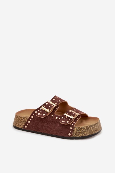 Women's Slippers with Golden Clips and Buttons Brown Tervina 2