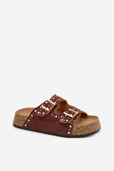 Women's Slippers with Golden Clips and Buttons Brown Tervina