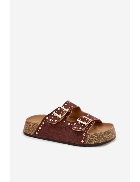 Women's Slippers with Golden Clips and Buttons Brown Tervina