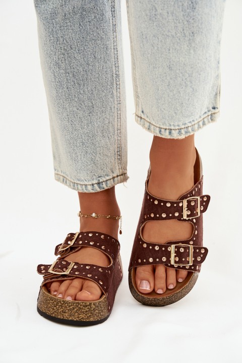 Women's Slippers with Golden Clips and Buttons Brown Tervina