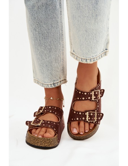 Women's Slippers with Golden Clips and Buttons Brown Tervina