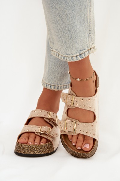 Women's Slippers With Gold Clamps And Buttons Jasnobeżowe Tervina