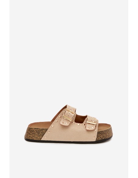 Moteriškos šlepetės su auksiniais spaustukais ir sagomis Jasnobeżowe Tervina